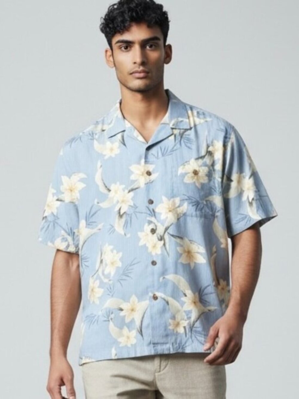 Luau Hawaiian Silk Shirt Mens Sz XL‎ Short Sleeve Blue white flowers Button up